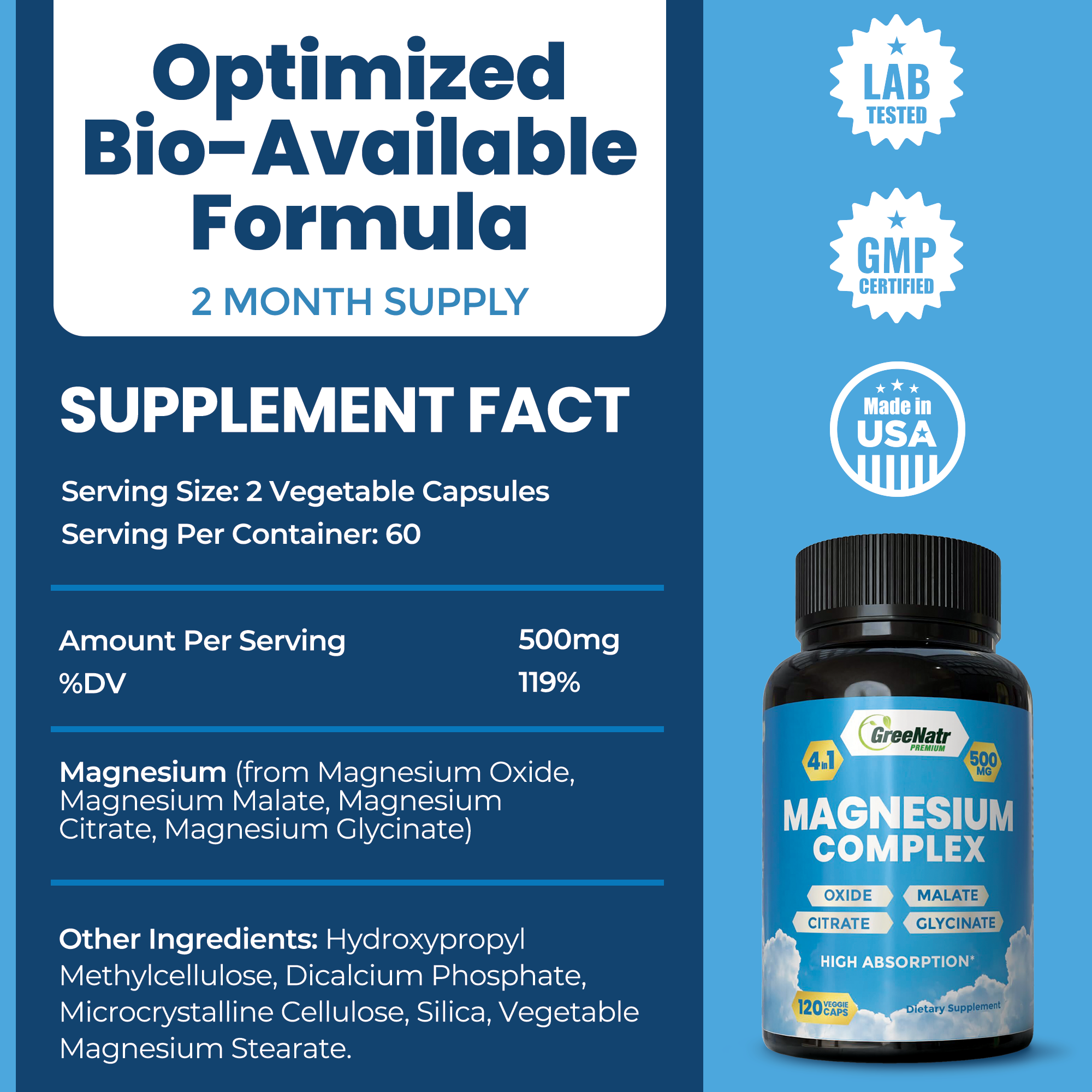 Magnesium Supplement with Glycinate, Citrate, Malate & Oxide (120 Count)