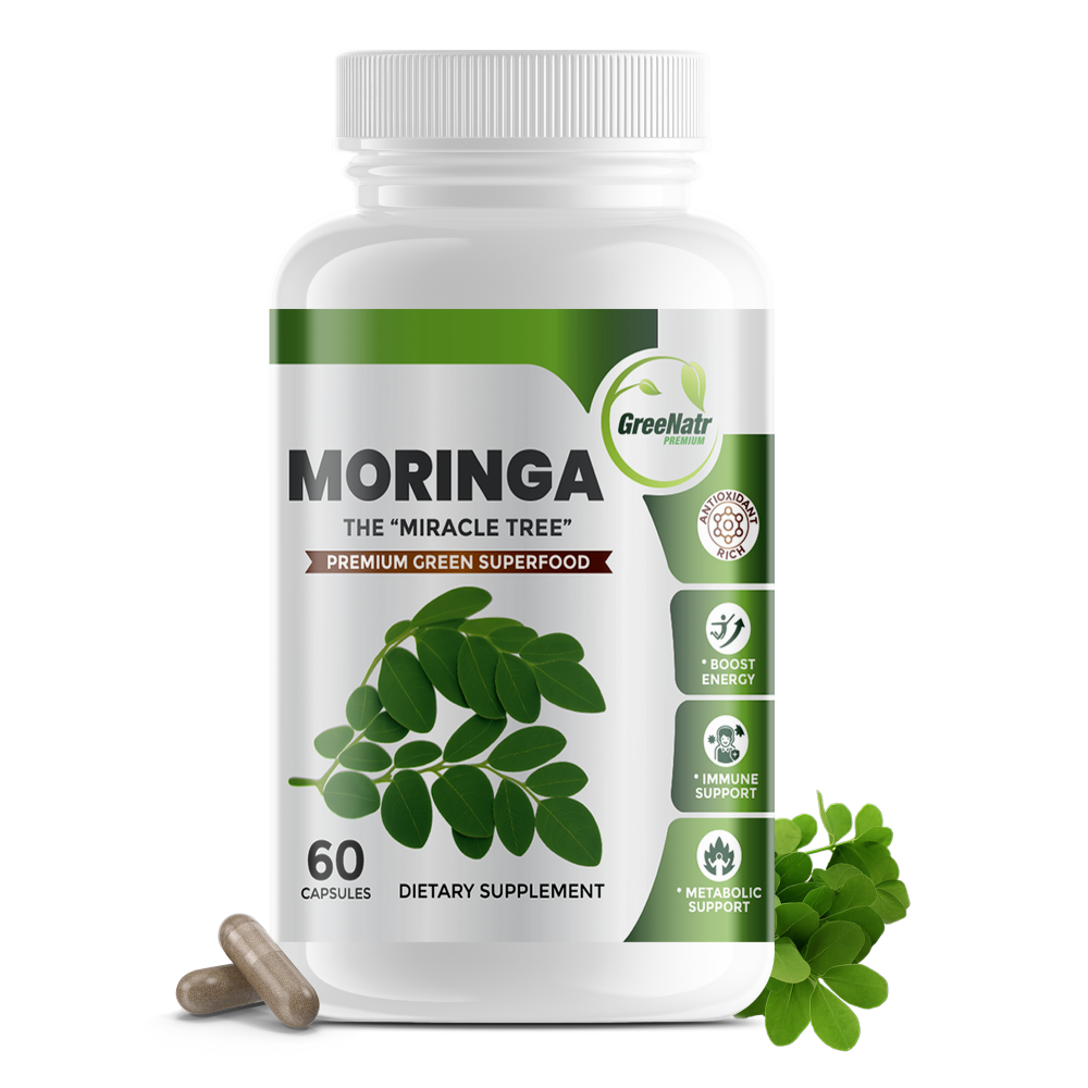 Supplement bottle labeled 'Moringa' with green leaves on a white background