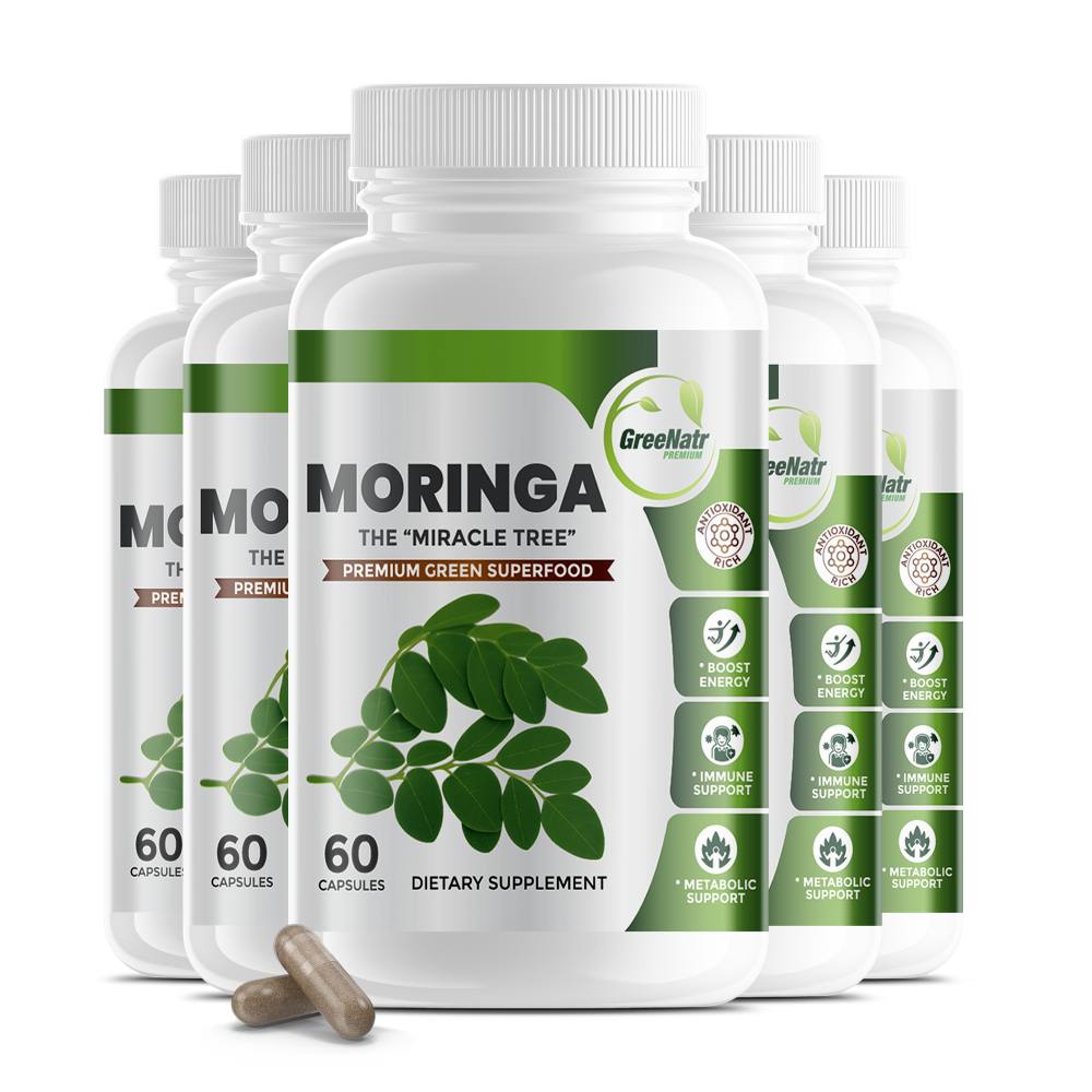 Supplement bottles labeled 'Moringa' with green leaves on a white background