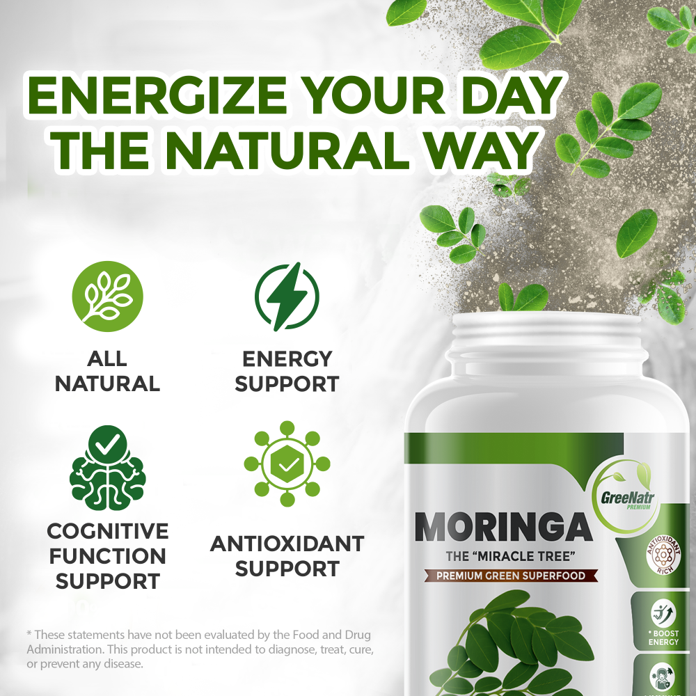 Moringa supplement bottle with green leaves and text promoting natural energy support.