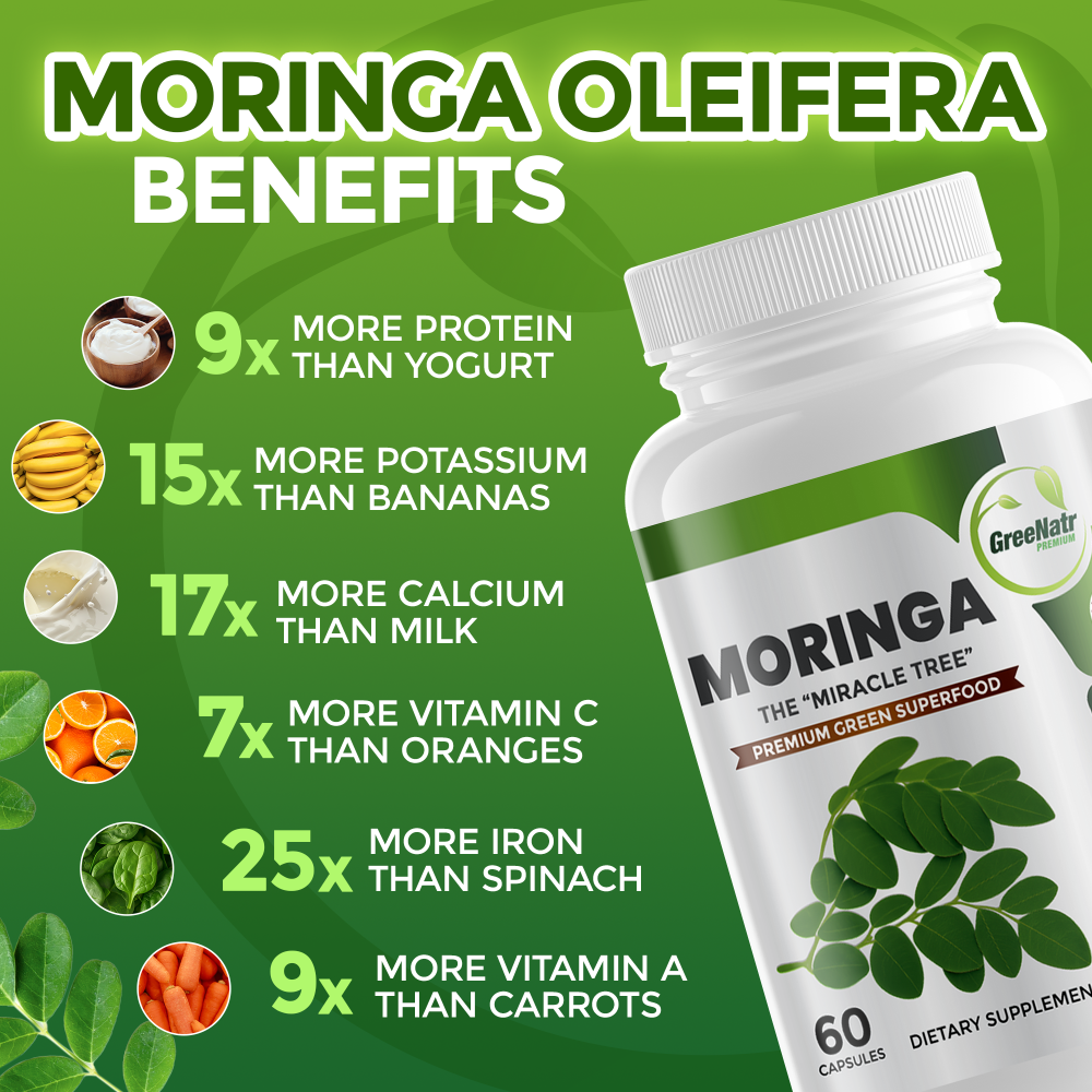 Moringa oleifera supplement bottle with health benefits on a green background