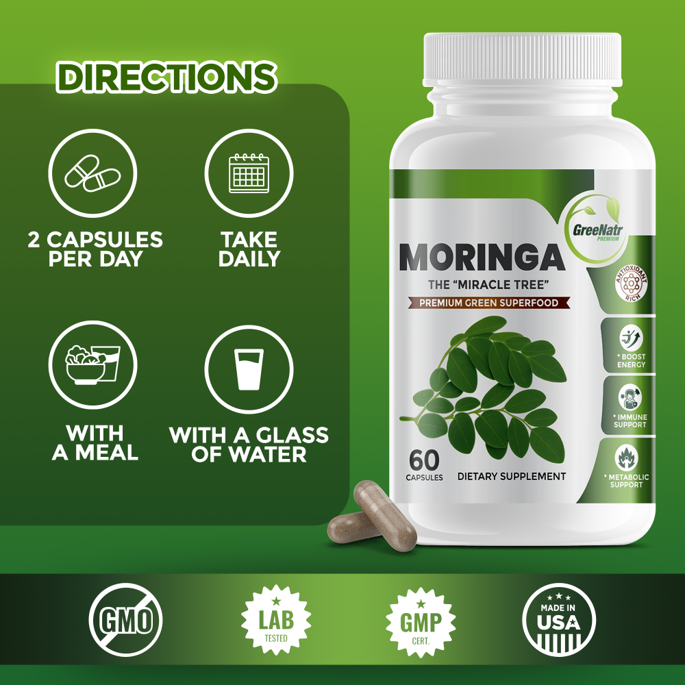 Moringa supplement bottle with usage instructions on a green background
