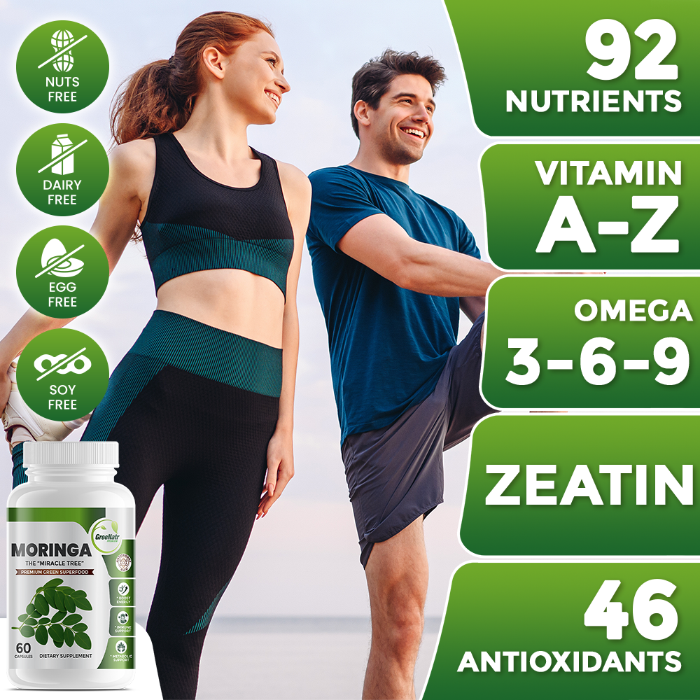 Two people exercising outdoors with a supplement bottle and health benefits text overlay.