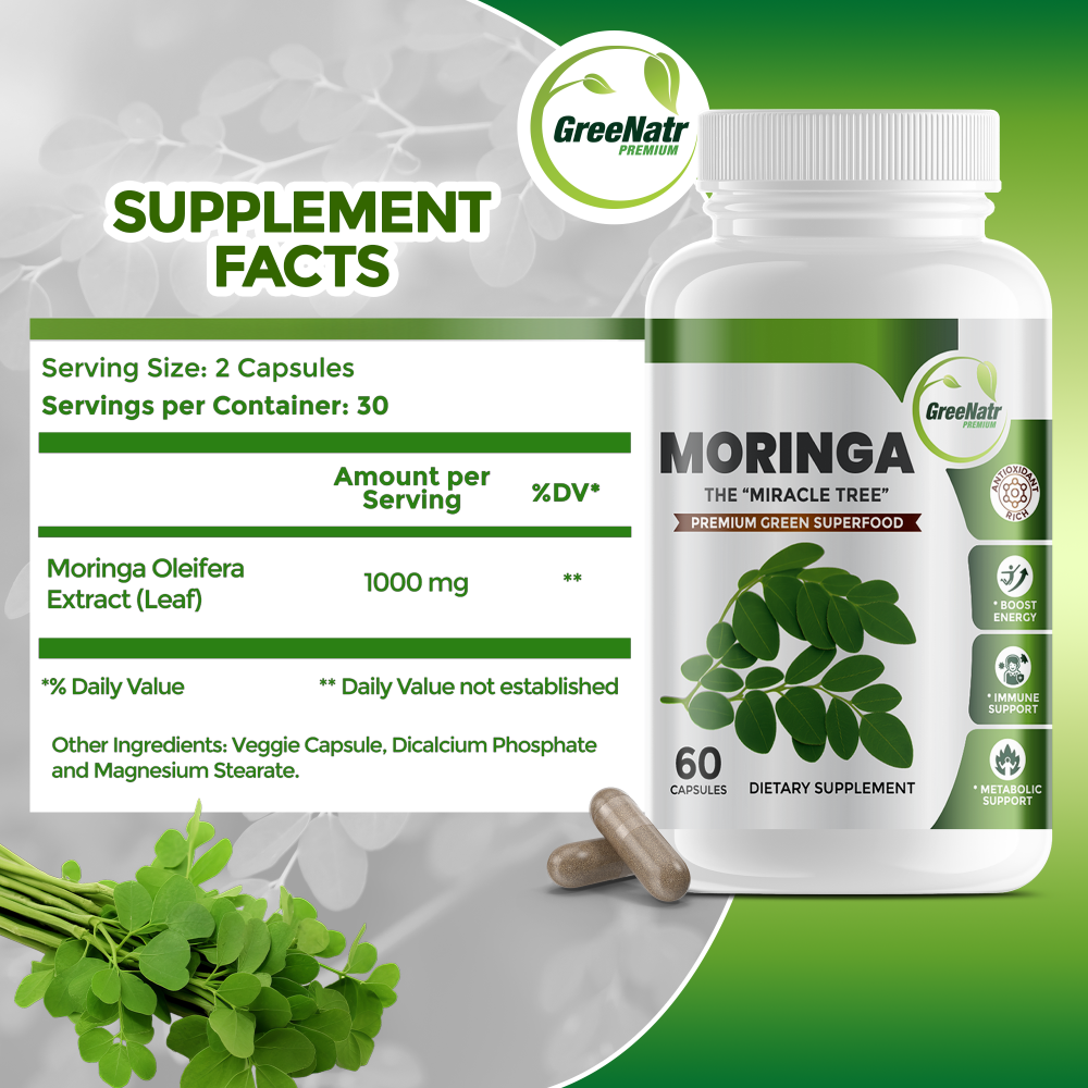 Moringa supplement bottle with label and GreenNatr branding on a green and white background