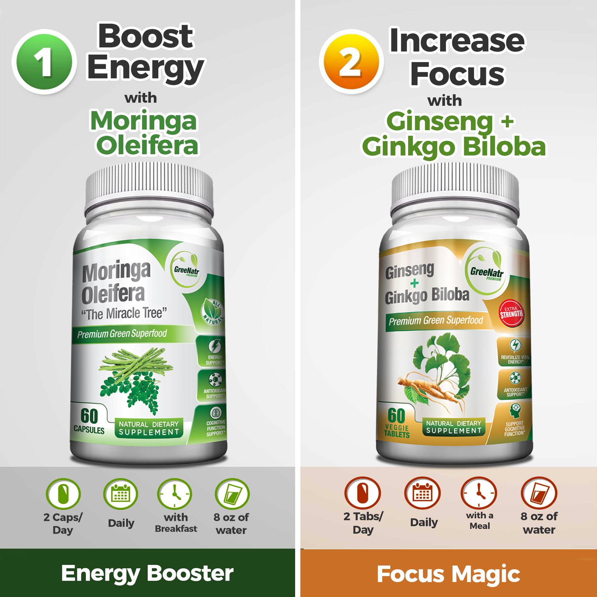 VITALITY AND STAMINA BUNDLE: Ginseng & Ginkgo Biloba + Moringa