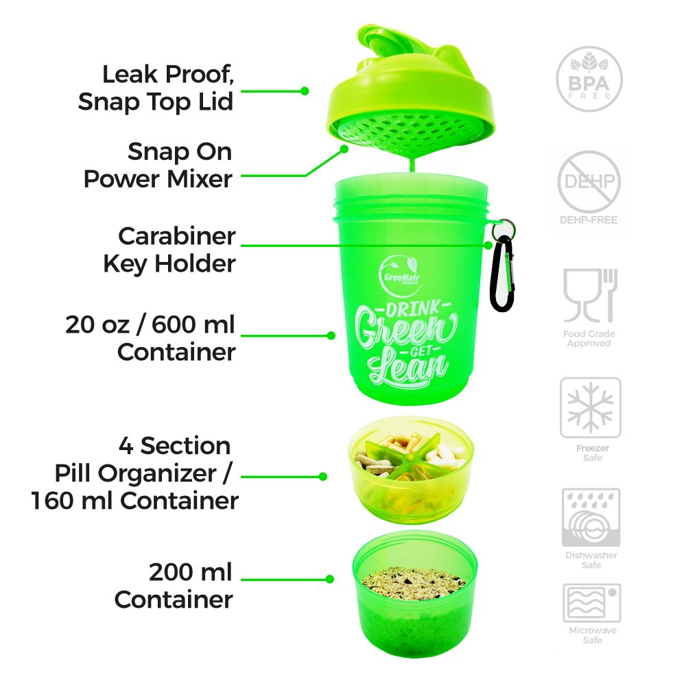 Shaker Bottle - 22 Ounce Bottle + Pill Organizer + 2 Storage Compartments