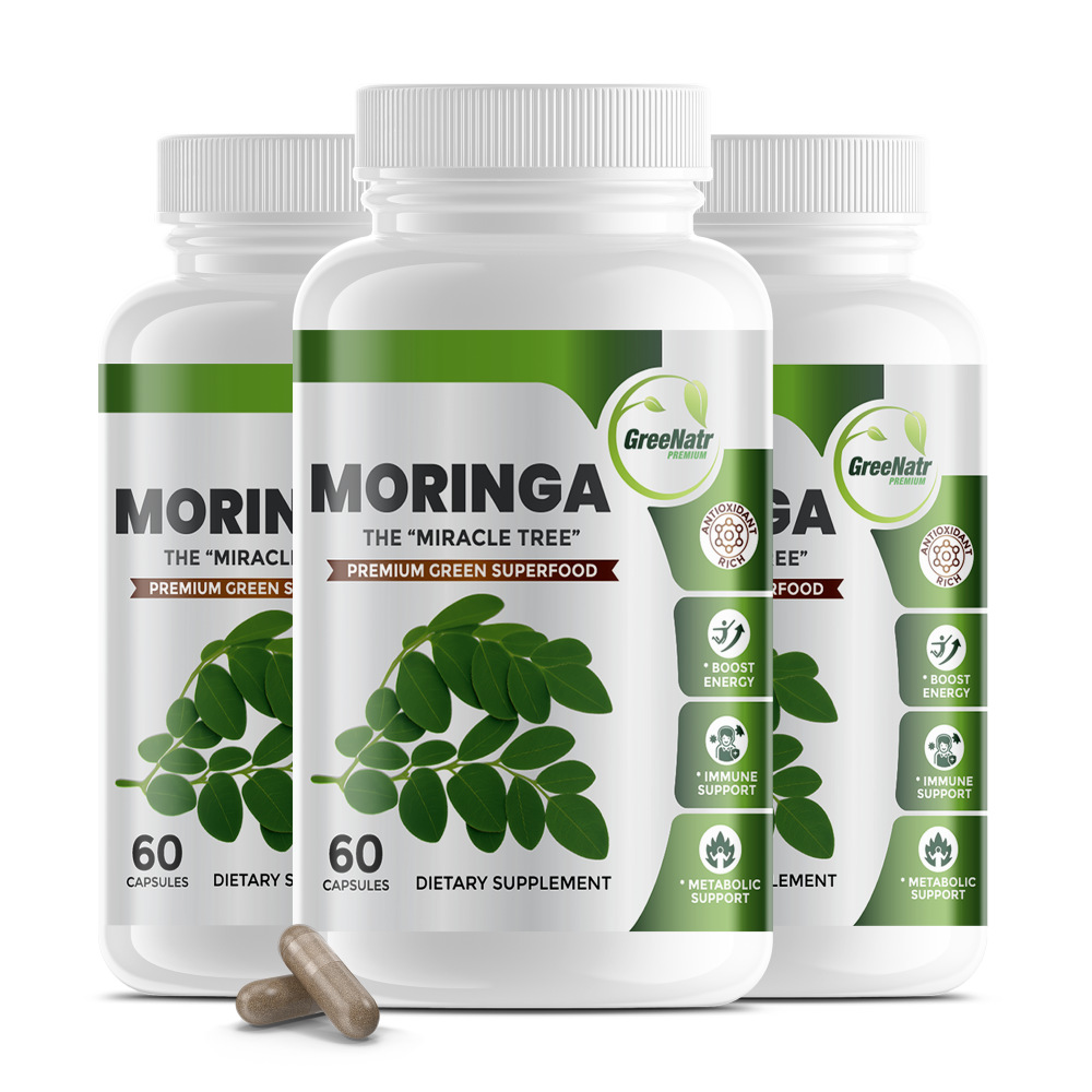Three bottles of GreenNatr Moringa supplements on a white background