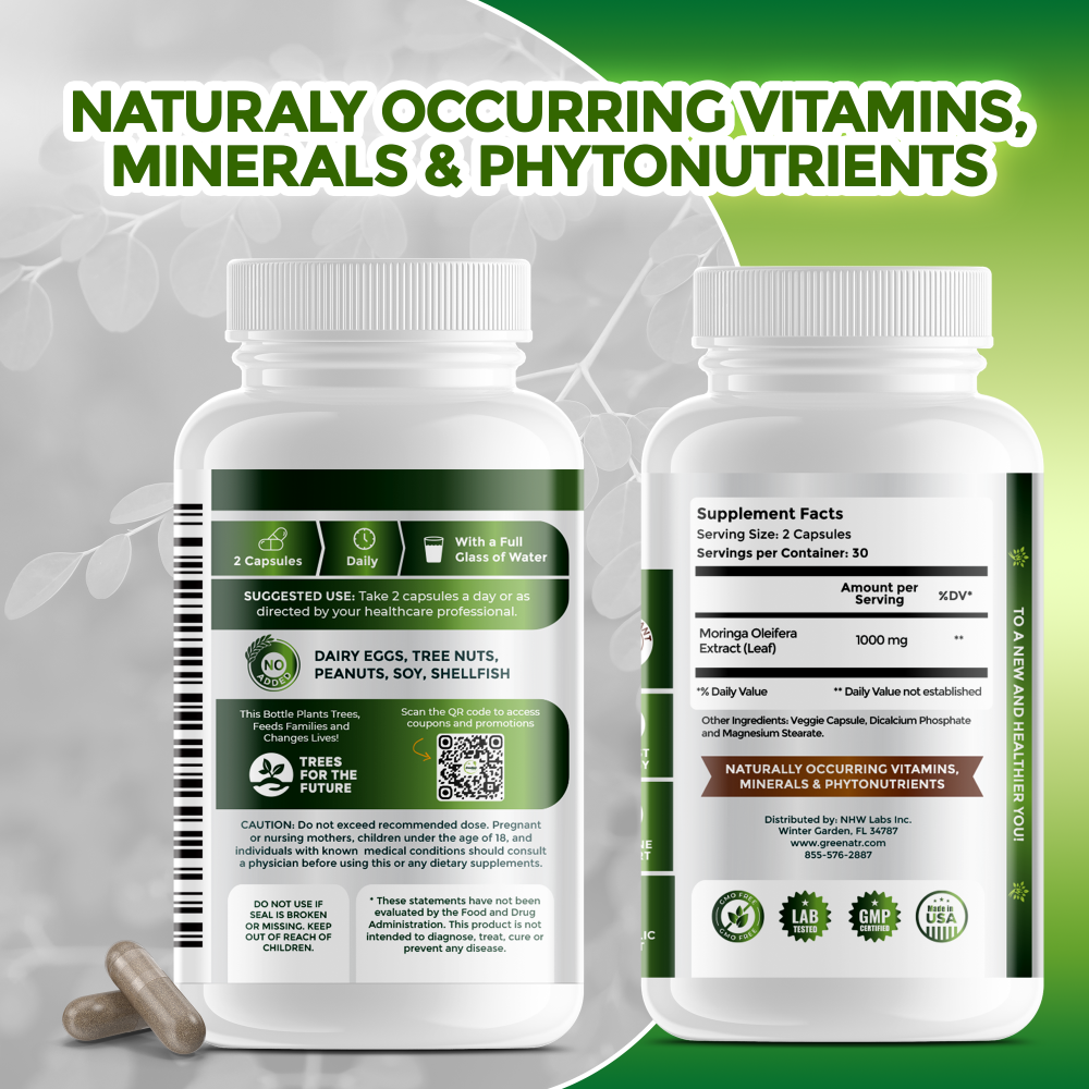 Two supplement bottles with labels on a green and gray background